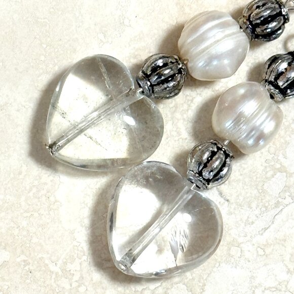 2/$20, Genuine Clear Quartz & Pearl Stone Heart Sterling Silver Earrings - Picture 4 of 9